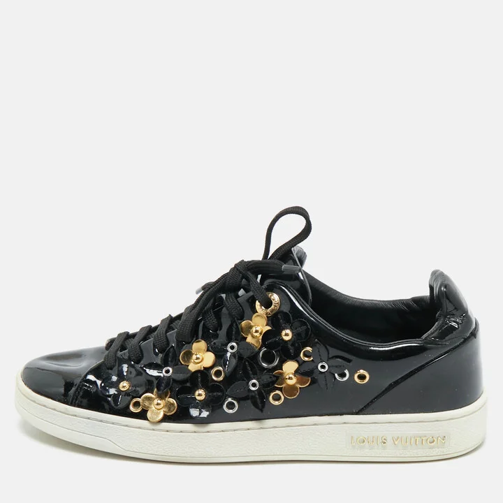 Louis Vuitton Black Patent Leather Blossom Floral Embellished Frontrow Sneakers Size 36