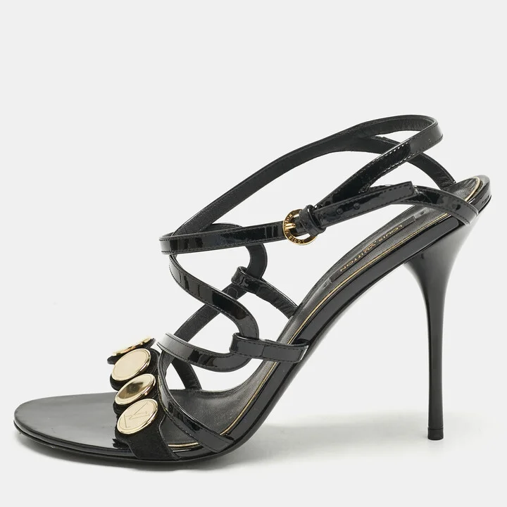 Louis Vuitton Black Patent Leather Criss Cross Strappy Sandals Size 39