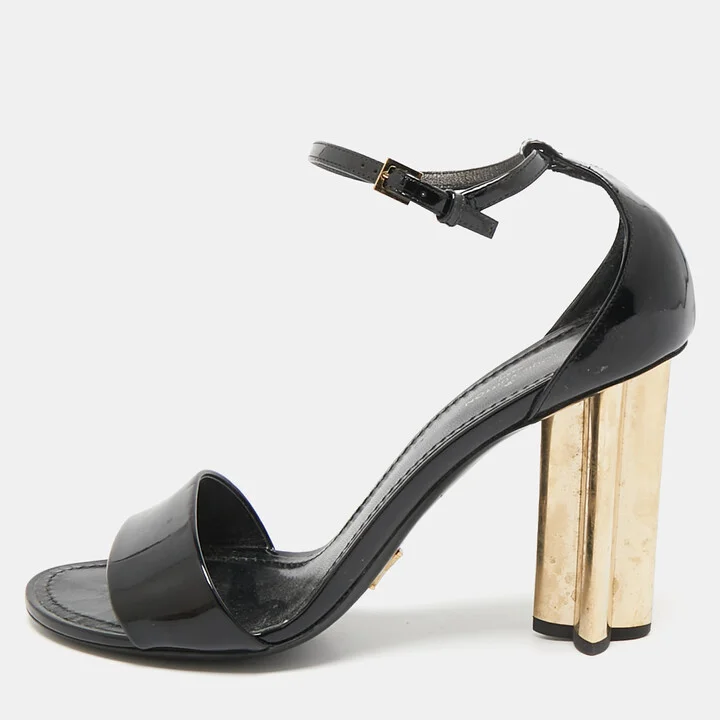 Louis Vuitton Black Patent Leather Flower Heel Ankle Strap Sandals Size 39