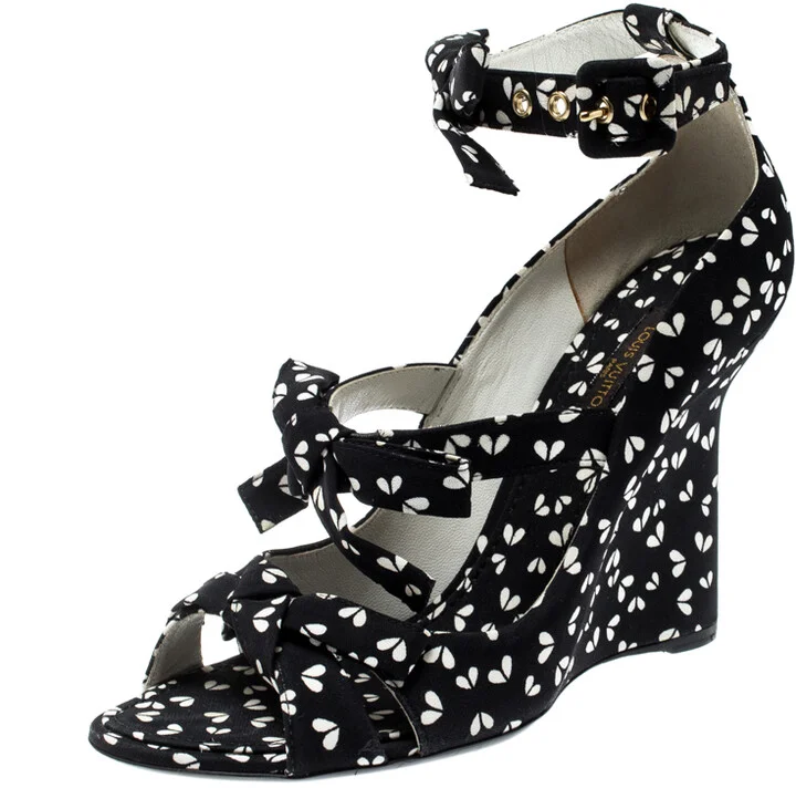 Louis Vuitton Black Printed Fabric Bow Ankle Strap Wedges Sandals Size 38