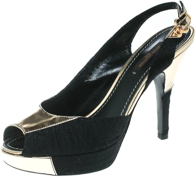 Louis Vuitton Black Satin And Metallic Gold Leather Motard Piccadilly Peep Toe Platform Slingback Sandals Size 36