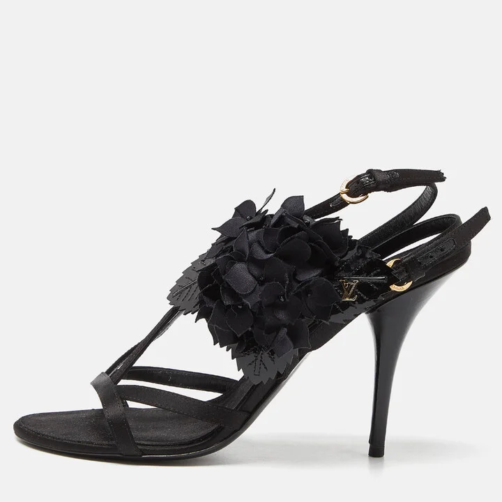 Louis Vuitton Black Satin and Patent Leather Flower Embellished Ankle Strap Sandals Size 38.5
