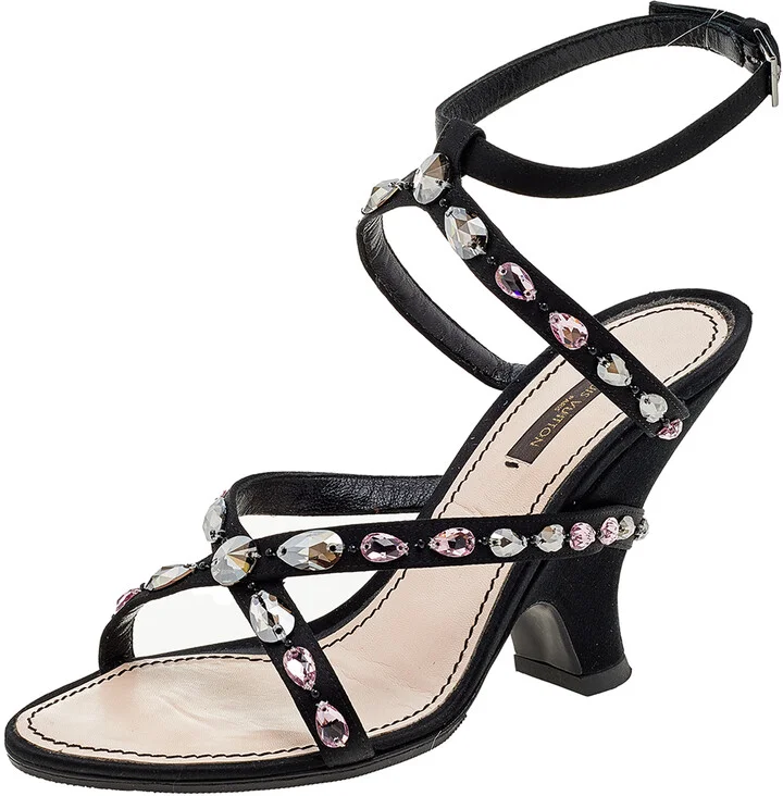 Louis Vuitton Black Satin Crystal Embellished Ankle Strap Sandals Size 39