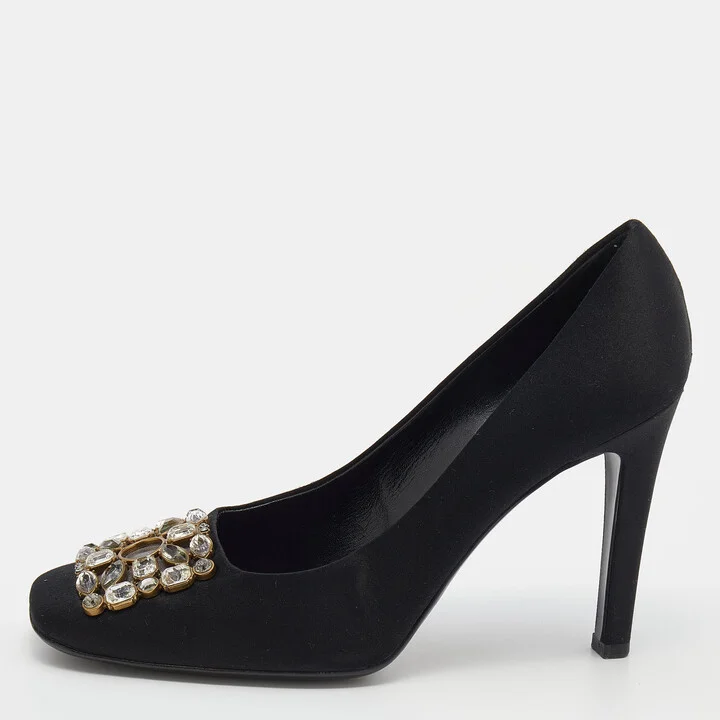 Louis Vuitton Black Satin Crystal Embellished Square Toe Pumps Size 39.5