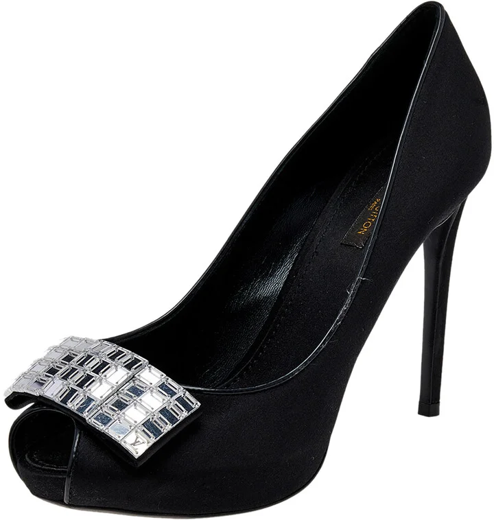 Louis Vuitton Black Satin Embellished Peep Toe Pumps Size 39