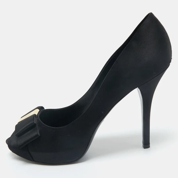 Louis Vuitton Black Satin Peep Toe Platform Pumps Size 40.5