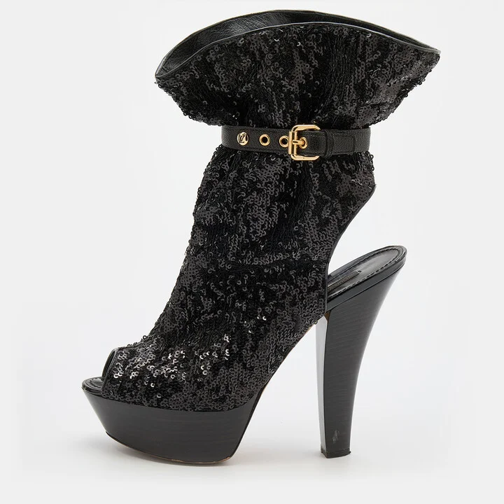Louis Vuitton Black Sequins and Leather Mid Calf Platform Boots Size 39.5