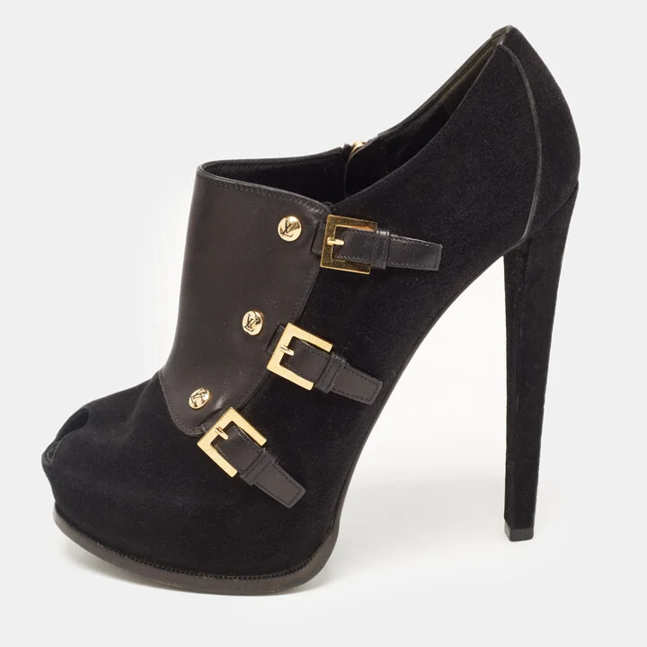 Louis Vuitton Black Suede and Leather Peep Toe Booties Size 39