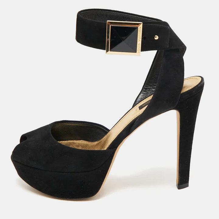 Louis Vuitton Black Suede Ankle Strap Sandals Size 37.5