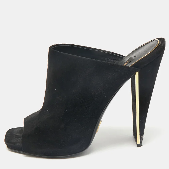 Louis Vuitton Black Suede Block Heel Mules Size 38