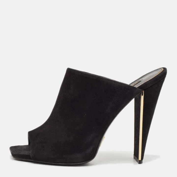 Louis Vuitton Black Suede Block Heel Mules Size 39.5