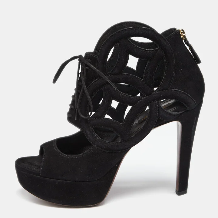 Louis Vuitton Black Suede Cutout Monogram Lace Up Platform Sandals Size 37.5