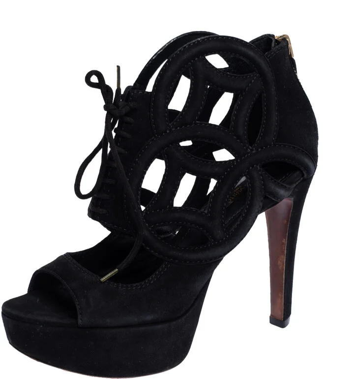 Louis Vuitton Black Suede Cutout Monogram Platform Ankle Boots Size 36