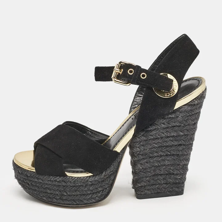 Louis Vuitton Black Suede Espadrille Platform Sandals Size 35