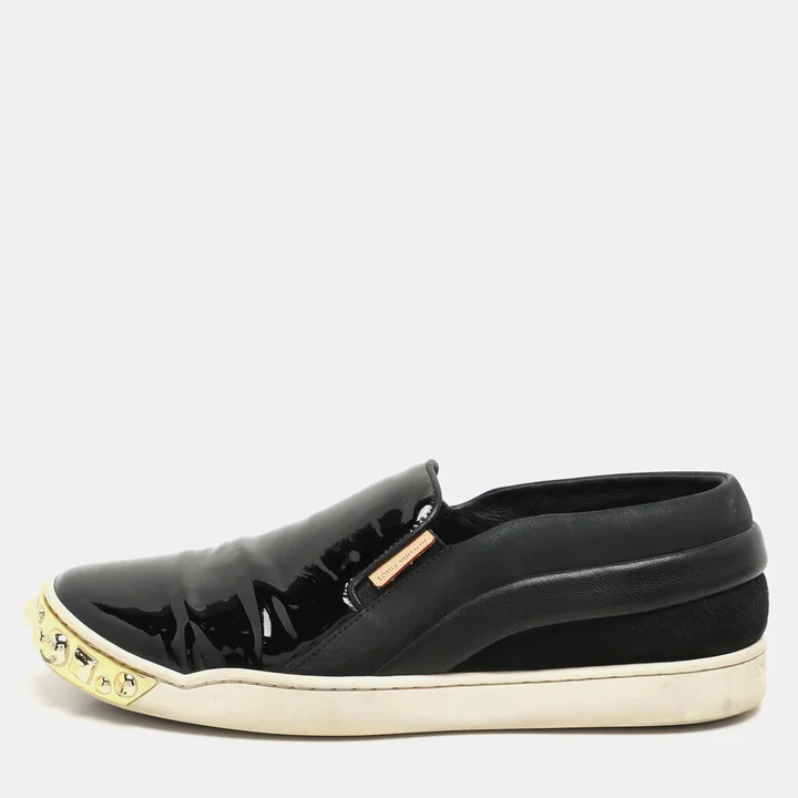 Louis Vuitton Black Suede Patent and Leather Studded Tempo Slip-On Sneakers Size 36.5