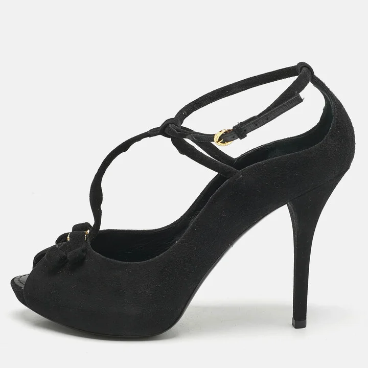 Louis Vuitton Black Suede T-Strap Platform Pumps Size 39