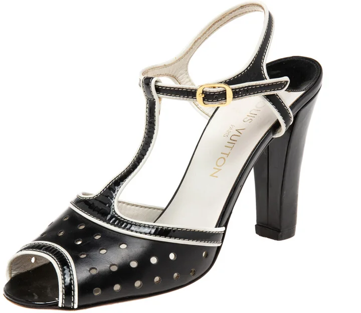 Louis Vuitton Black/White Patent Leather T-strap Sandals Size 39