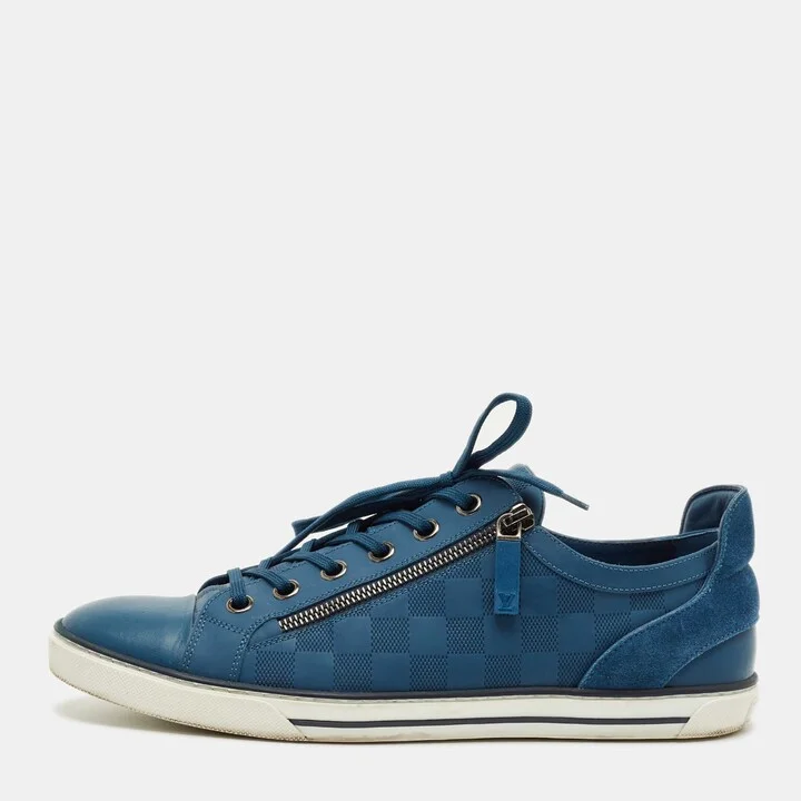 Louis Vuitton Blue Damier Embossed Leather and Suede Challenge Zip Up Sneakers Size 43