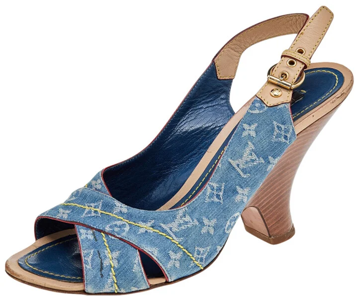 Louis Vuitton Blue Monogram Denim and Leather Slingback Sandals Size 38.5