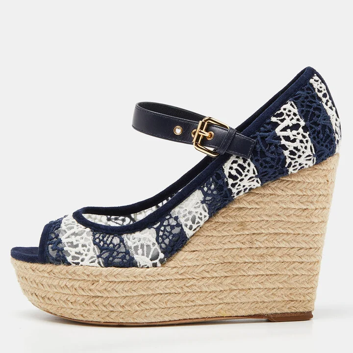 Louis Vuitton Blue/White Fabric Suede and Mesh Open Toe Wedge Espadrille Sandals Size 38
