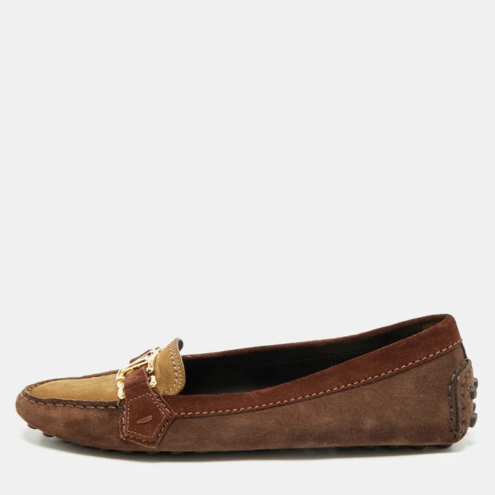 Louis Vuitton Brown/Beige Suede Oxford Slip On Loafers Size 38