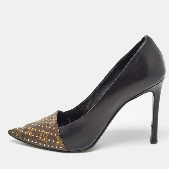 Louis Vuitton Brown/Black Studded Monogram Canvas and Leather Pointed Toe Pumps Size 39