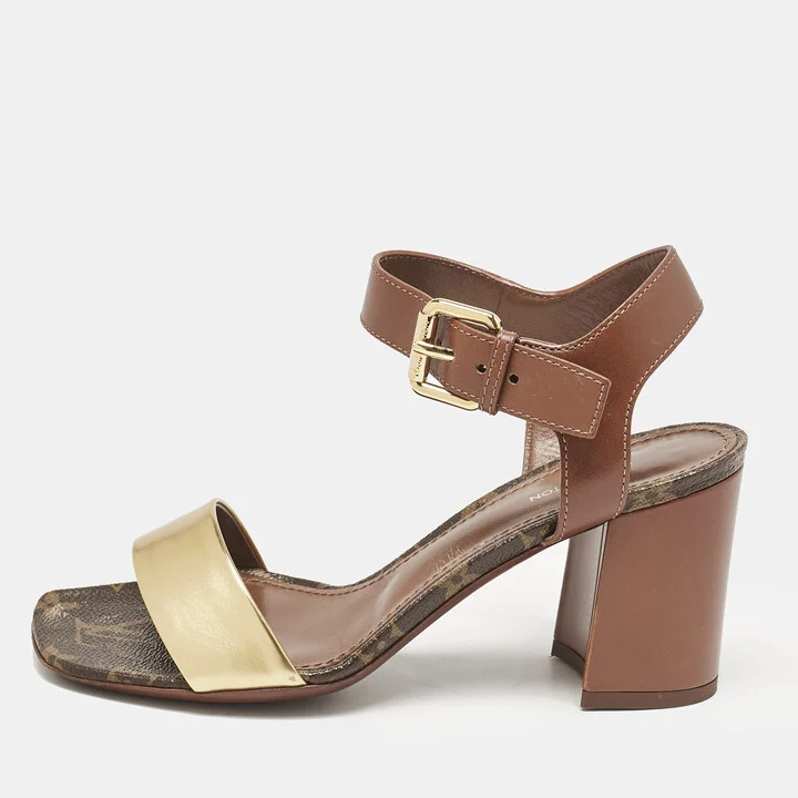 Louis Vuitton Brown/Gold Leather Bloom Ankle Strap Sandals Size 36