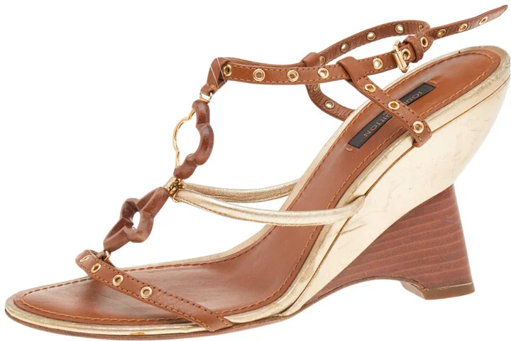 Louis Vuitton Brown/Gold Leather Eyelet T-Strap Wedge Sandals Size 38