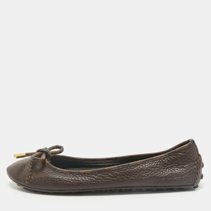 Louis Vuitton Brown Leather And Damier Ebene Canvas Bow Ballet Flats Size 39