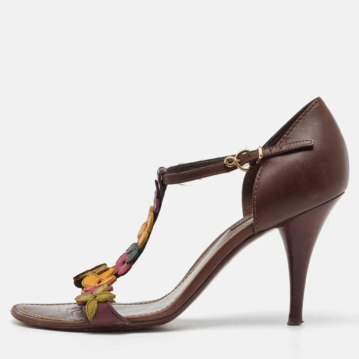 Louis Vuitton Brown Leather Aubepine Floral T Strap Sandals Size 37.5