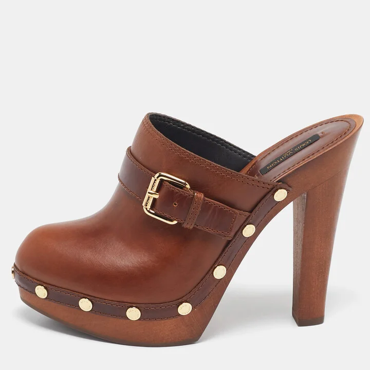 Louis Vuitton Brown Leather Buckle Detail Platform Clogs Size 39