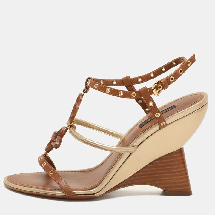 Louis Vuitton Brown Leather Eyelet T-Strap Wedge Sandals Size 38.5