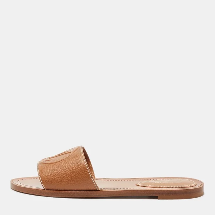 Louis Vuitton Brown Leather Lock It Flat Slides Size 37