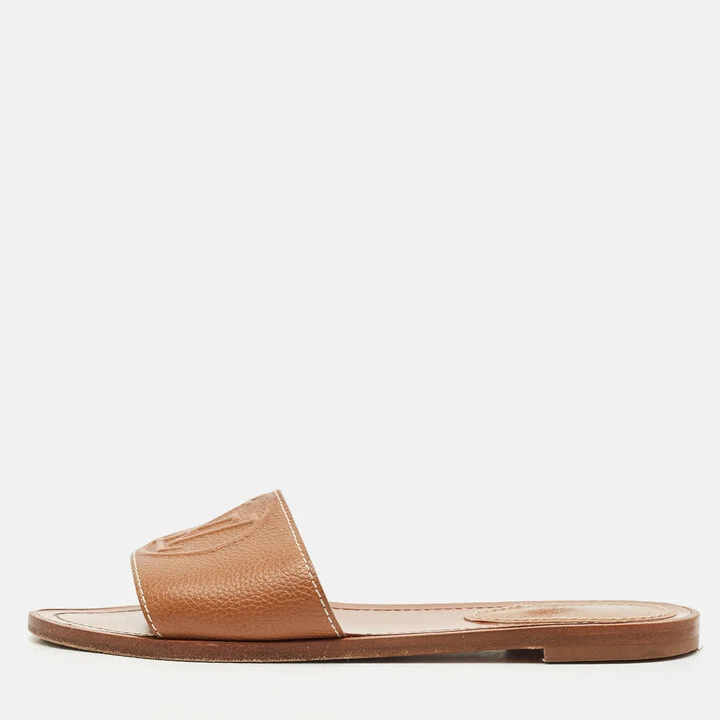 Louis Vuitton Brown Leather Lock It Flat Slides Size 37