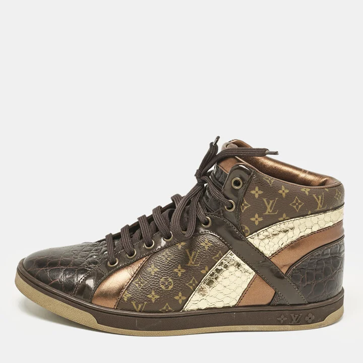 Louis Vuitton Brown Monogram Canvas and Crocodile Punchy High Top Sneakers Size 36.5