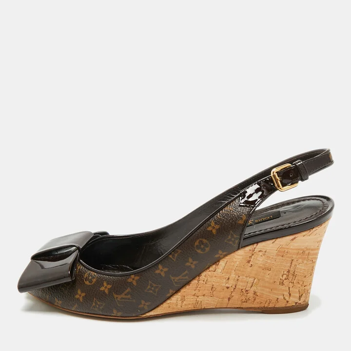 Louis Vuitton Brown Monogram Canvas and Patent Bow Rivoli Slingback Wedge Sandals Size 37.5
