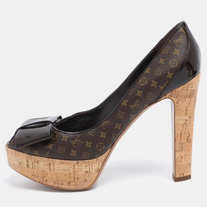 Louis Vuitton Brown Monogram Canvas And Patent Leather Rivoli Cork Peep Toe Platform Pumps 41