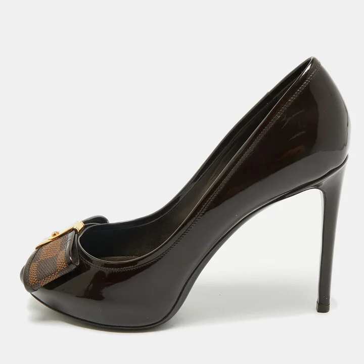 Louis Vuitton Brown Patent Leather Valentine Peep Toe Pumps Size 37.5