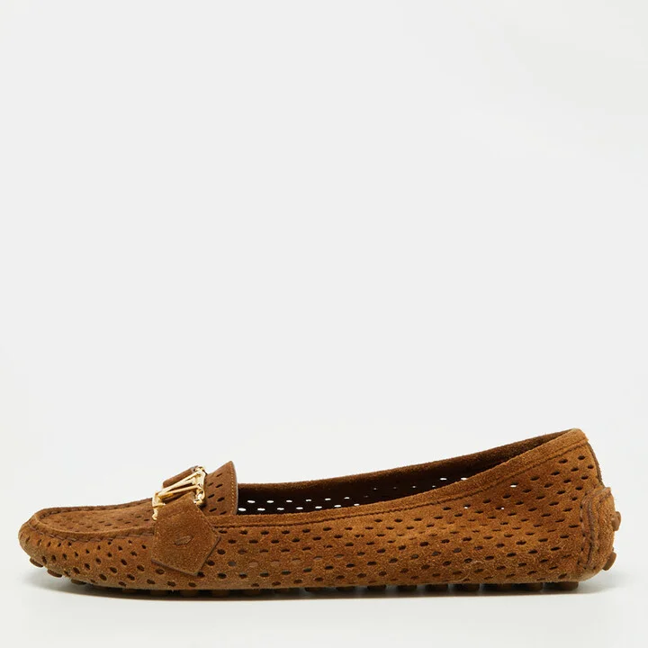 Louis Vuitton Brown Perforated Suede Oxford Loafers Size 37.5