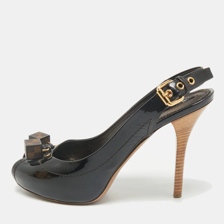 Louis Vuitton Brown Vernis Dice Peep Toe Slingback Pumps Size 38