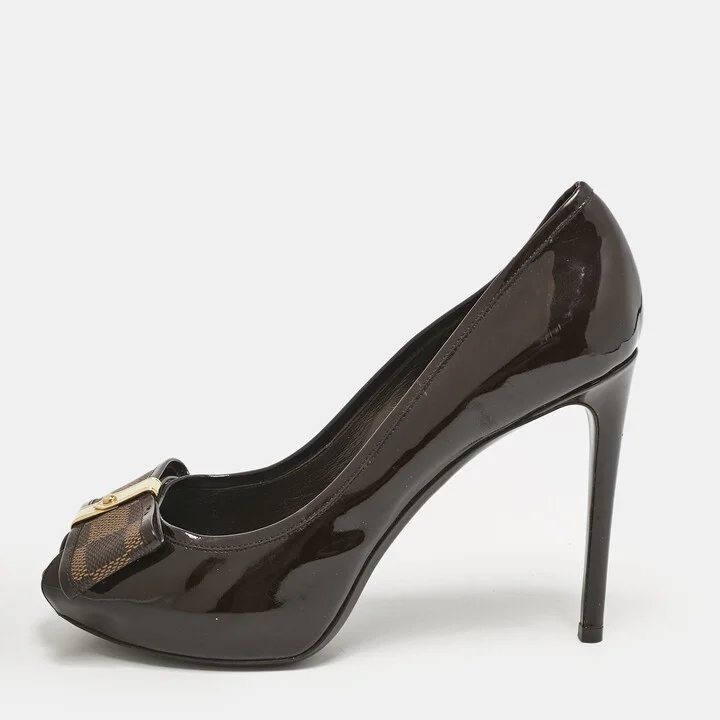 Louis Vuitton Brown Vernis Leather Valentine Peep Toe Pumps Size 37.5