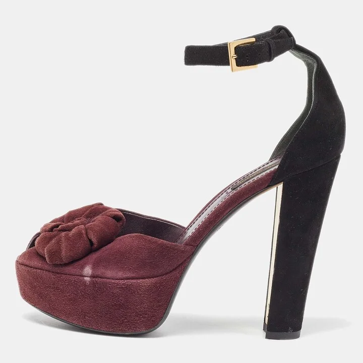 Louis Vuitton Burgundy/Black Suede Flower Peep Toe Platform Ankle Strap Sandals Size 37.5