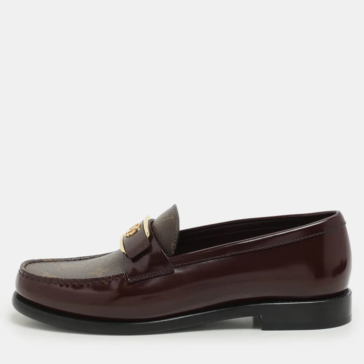 Louis Vuitton Burgundy Leather and Monogram Canvas Academy Loafers Size 38