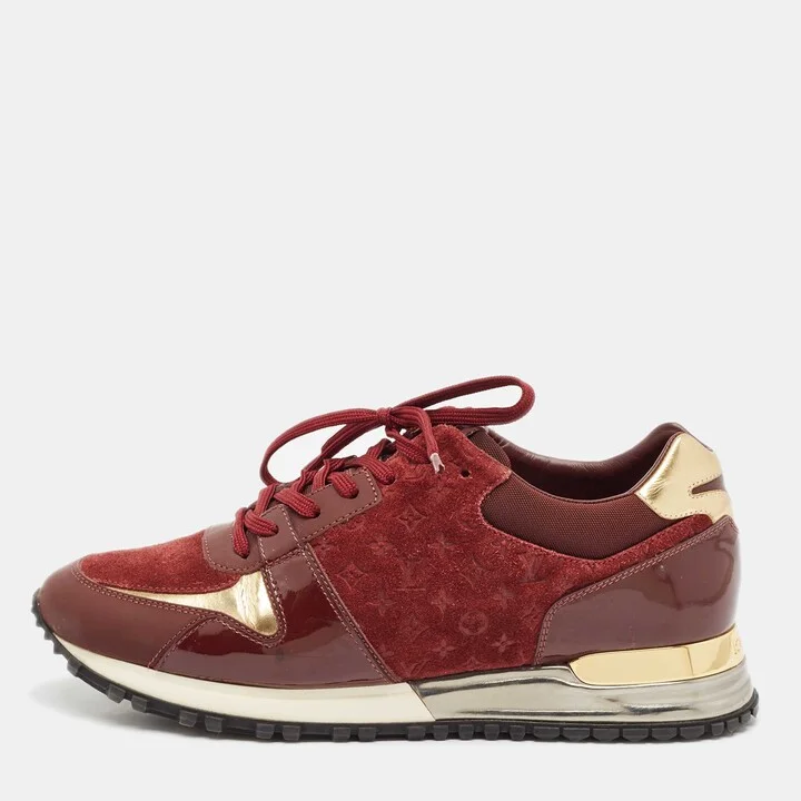 Louis Vuitton Burgundy Monogram Suede Patent and Leather Run Away Lace Up Sneakers Size 37.5