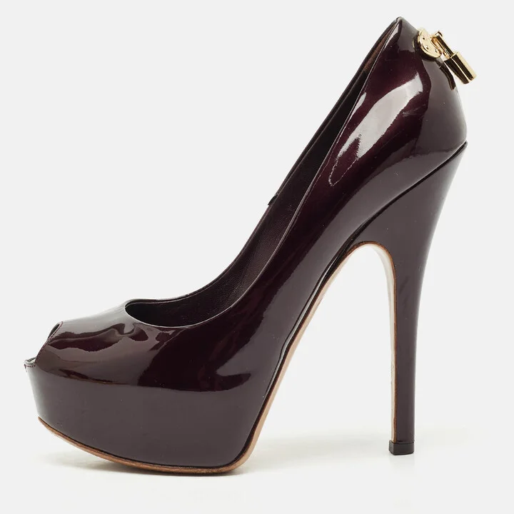 Louis Vuitton Burgundy Patent Leather Oh Really! Platform Peep Toe Pumps Size 37.5