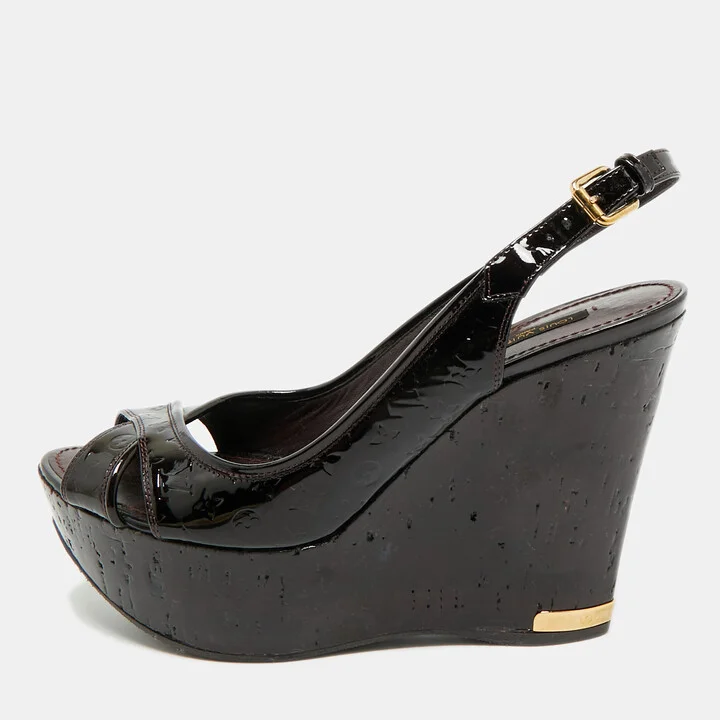 Louis Vuitton Burgundy Patent Leather Pantheon Wedge Sandals Size 37.5