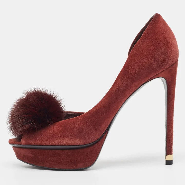 Louis Vuitton Burgundy Suede and Fur Peep Toe Pumps Size 37