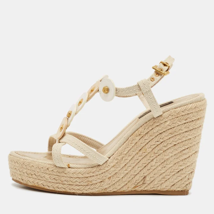 Louis Vuitton Cream Canvas Embellished Wedge Sandals Size 37.5