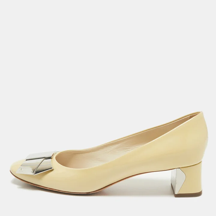 Louis Vuitton Cream Patent Leather Bow Block Heel Pumps Size 40