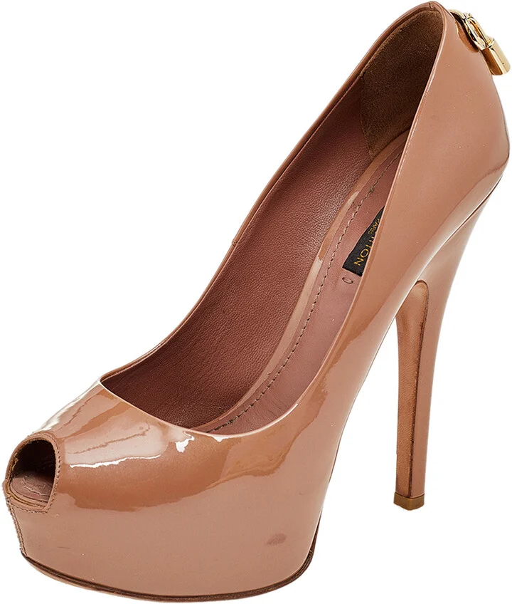 Louis Vuitton Dark Beige Patent Leather Oh Really! Peep Toe Platform Pumps Size 37.5